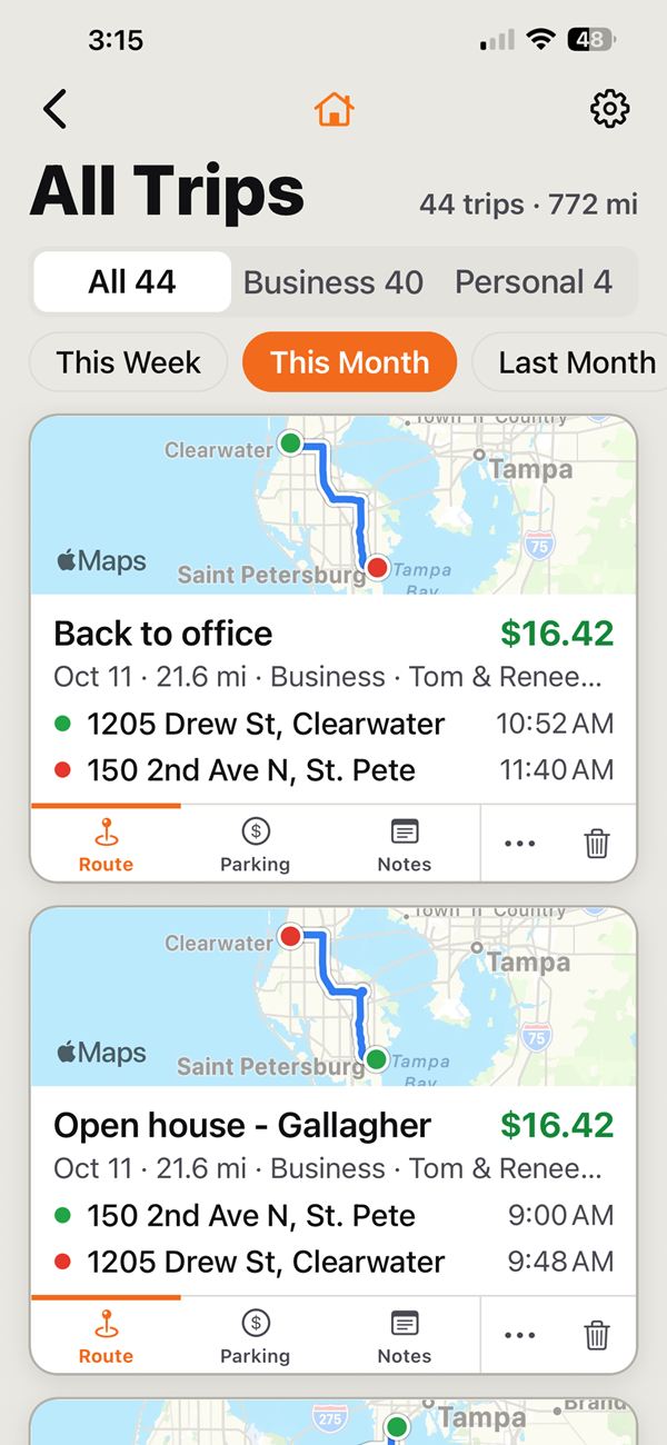 1099 Hero All Trips list showing two business trips, each with a route map, miles, addresses and deduction