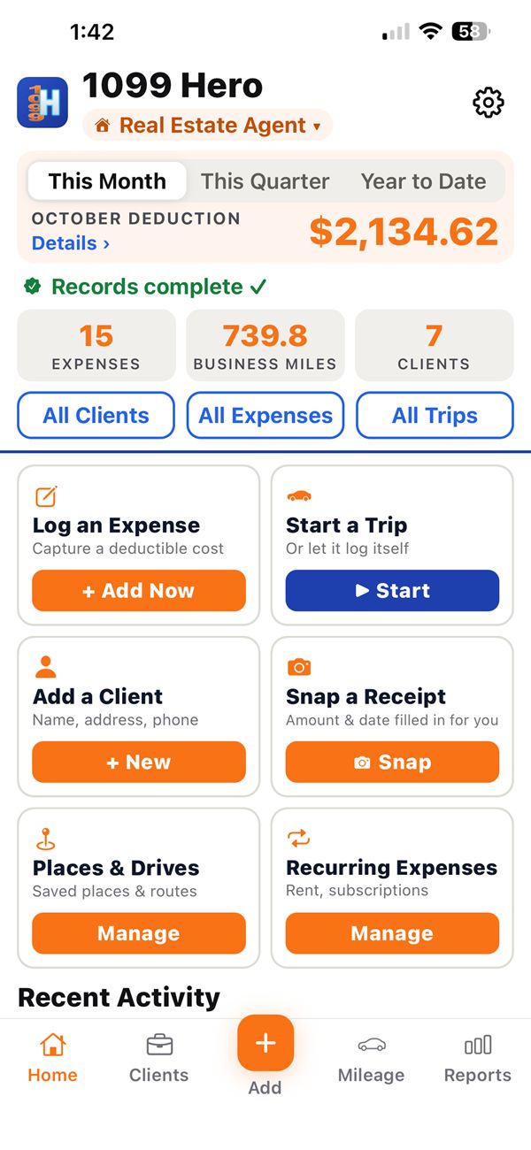 1099 Hero home screen showing the October deduction, 15 expenses, 739.8 business miles and 7 clients