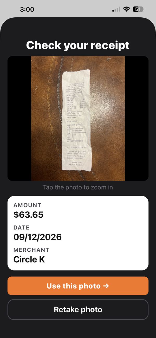 1099 Hero Check your receipt screen with a photo of a gas receipt and the amount, date and merchant filled in